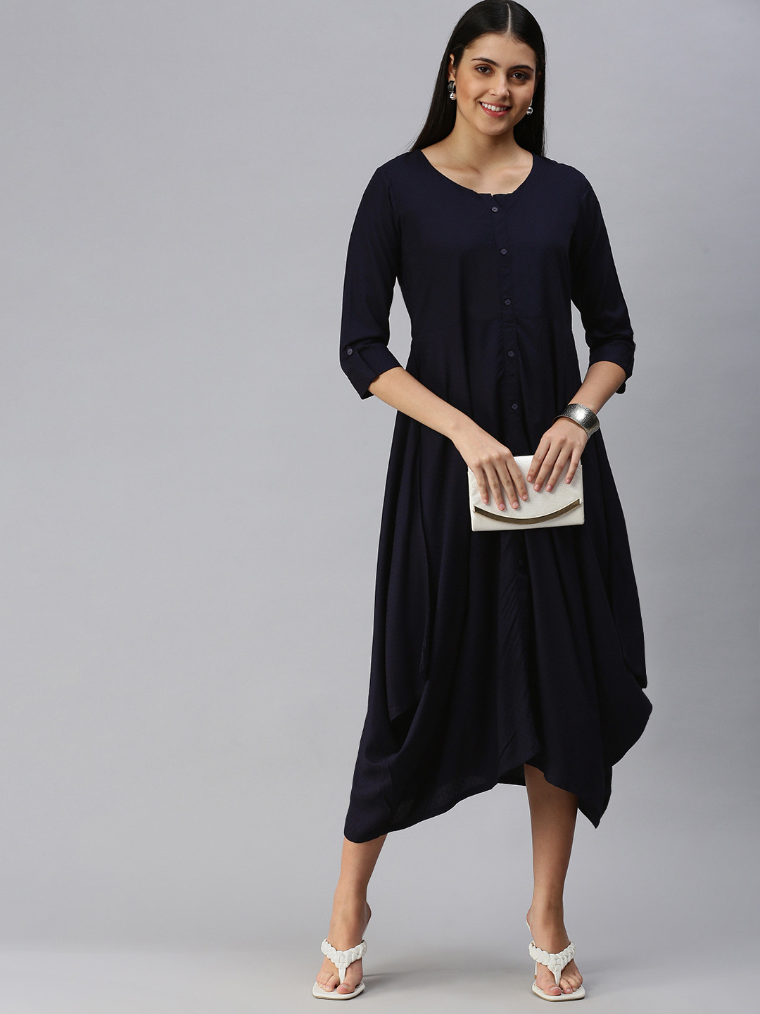 

ETIQUETTE Navy Blue Embroidered A-Line Midi Dress