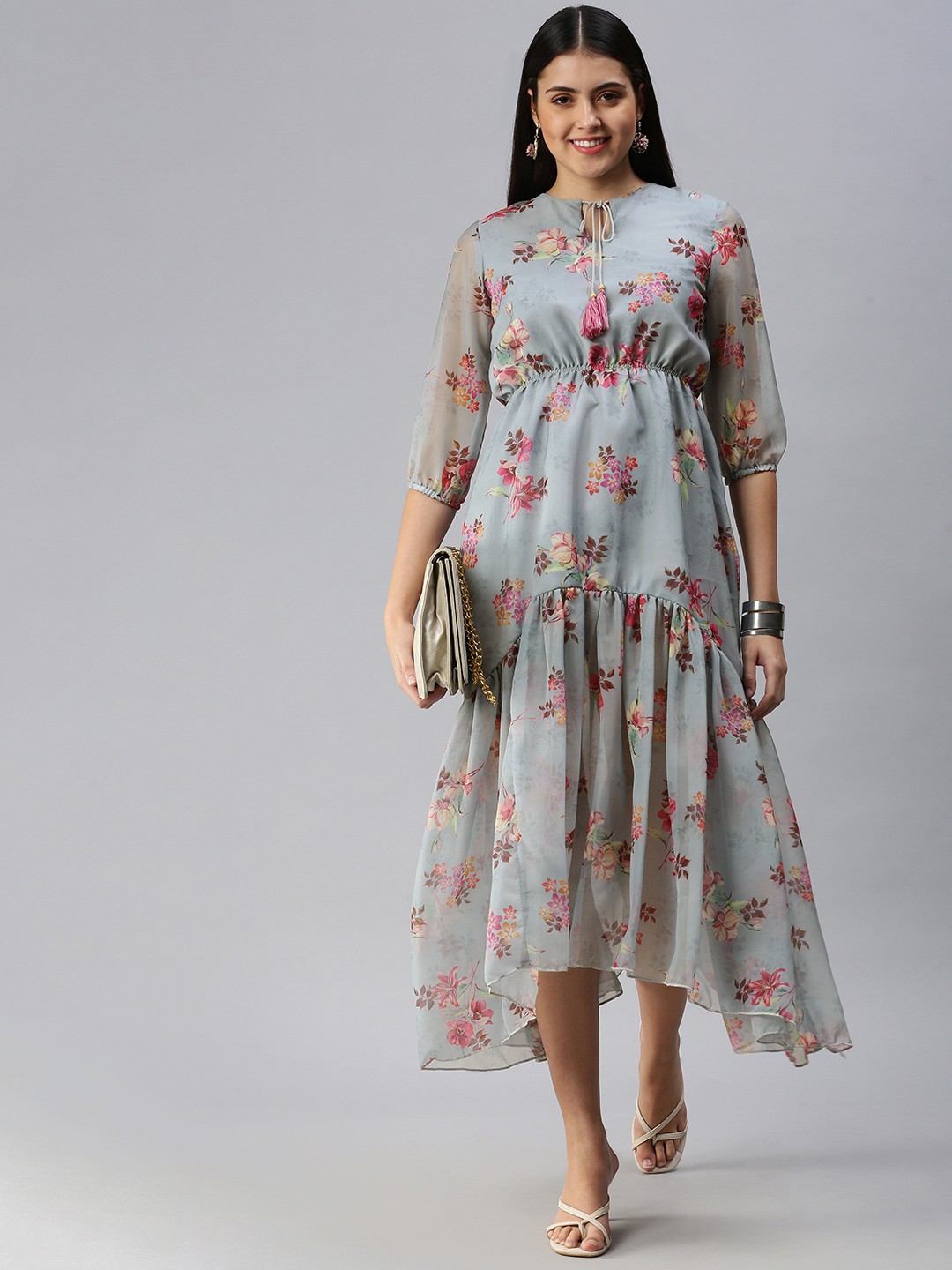 

ETIQUETTE Grey & Pink Floral Tie-Up Neck Georgette A-Line Midi Dress