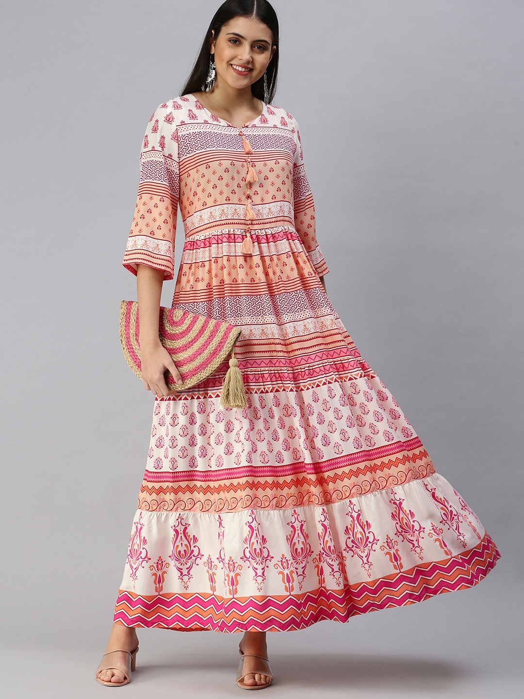 

ETIQUETTE White & Pink Ethnic Motifs Ethnic Maxi Dress