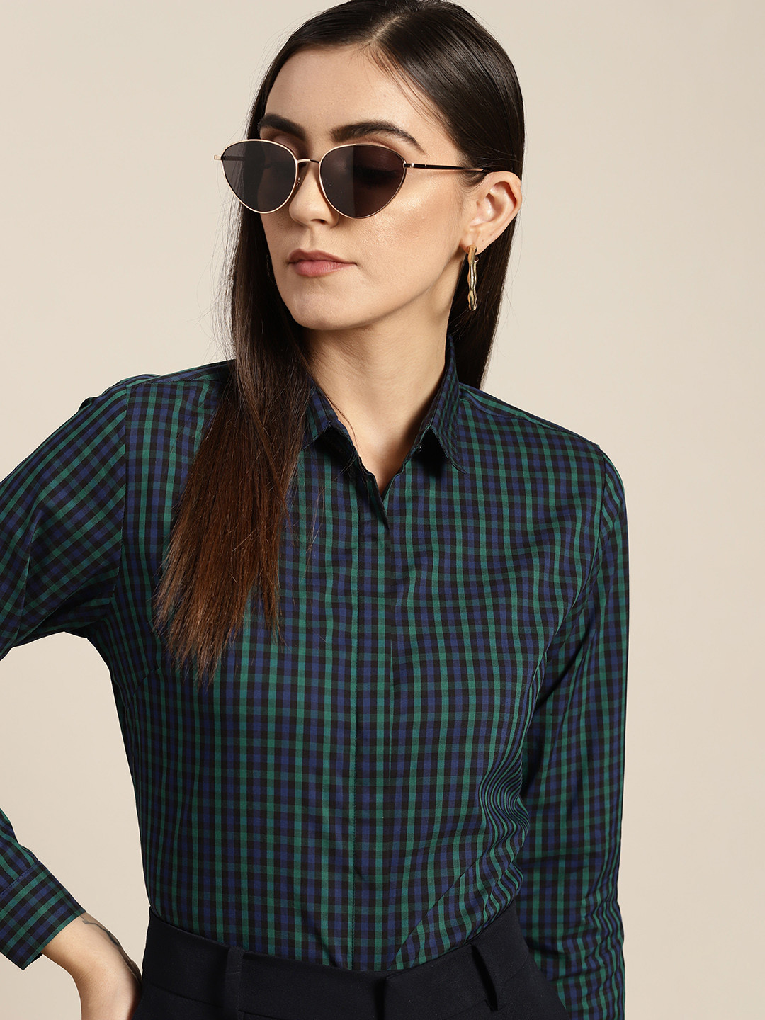 

Hancock Women Navy Blue Slim Fit Gingham Checks Checked Formal Shirt