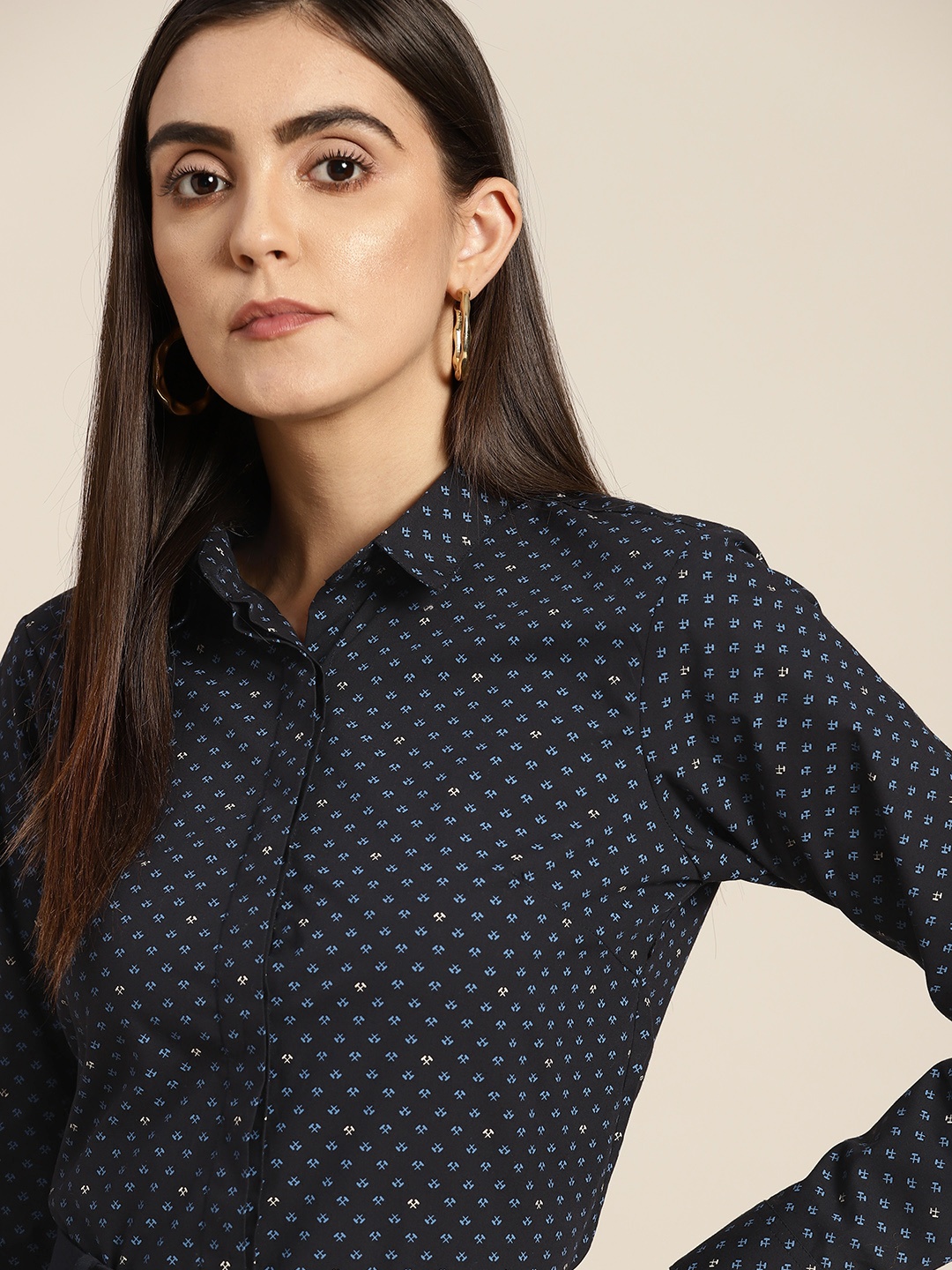 

Hancock Women Navy Blue Slim Fit Printed Formal Shirt
