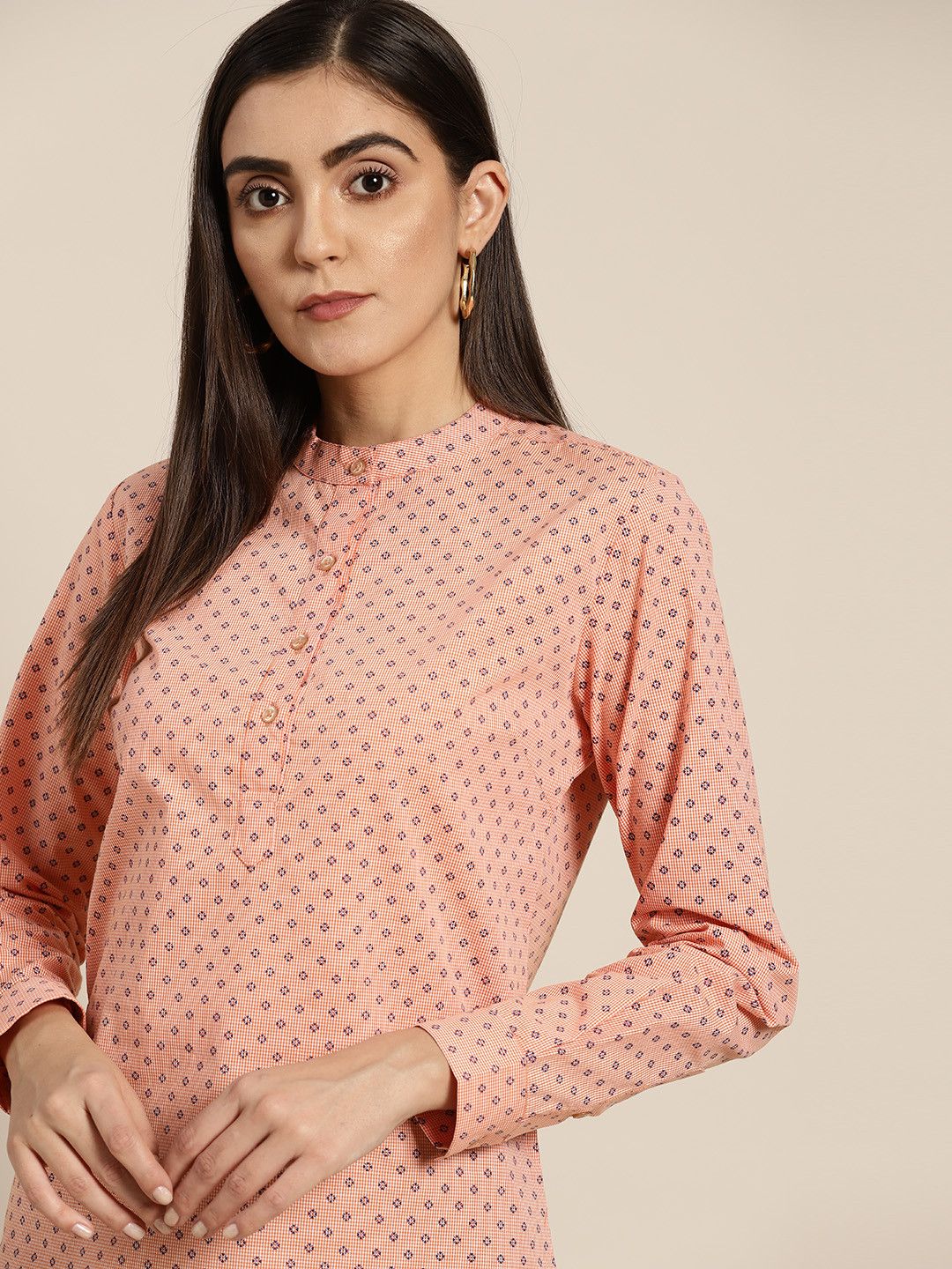 

Hancock Peach-Coloured Geometric Print Band Collar Shirt Style Top