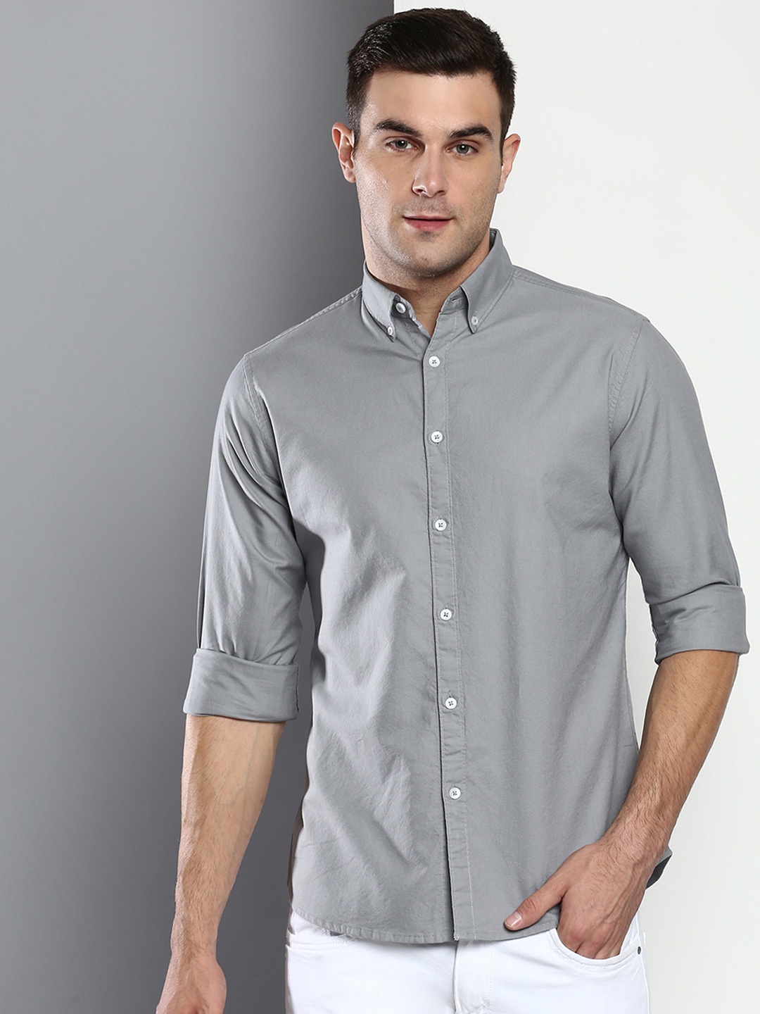 

Dennis Lingo Men Grey Solid Slim Fit Casual Shirt