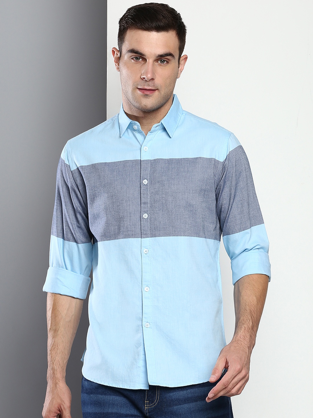 

Dennis Lingo Men Blue & Grey Slim Fit Colourblocked Casual Shirt