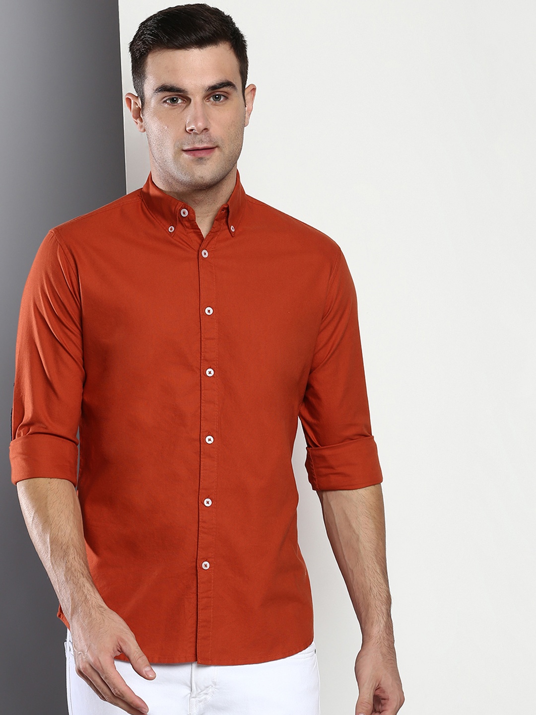 

Dennis Lingo Men Rust Orange Slim Fit Casual Shirt