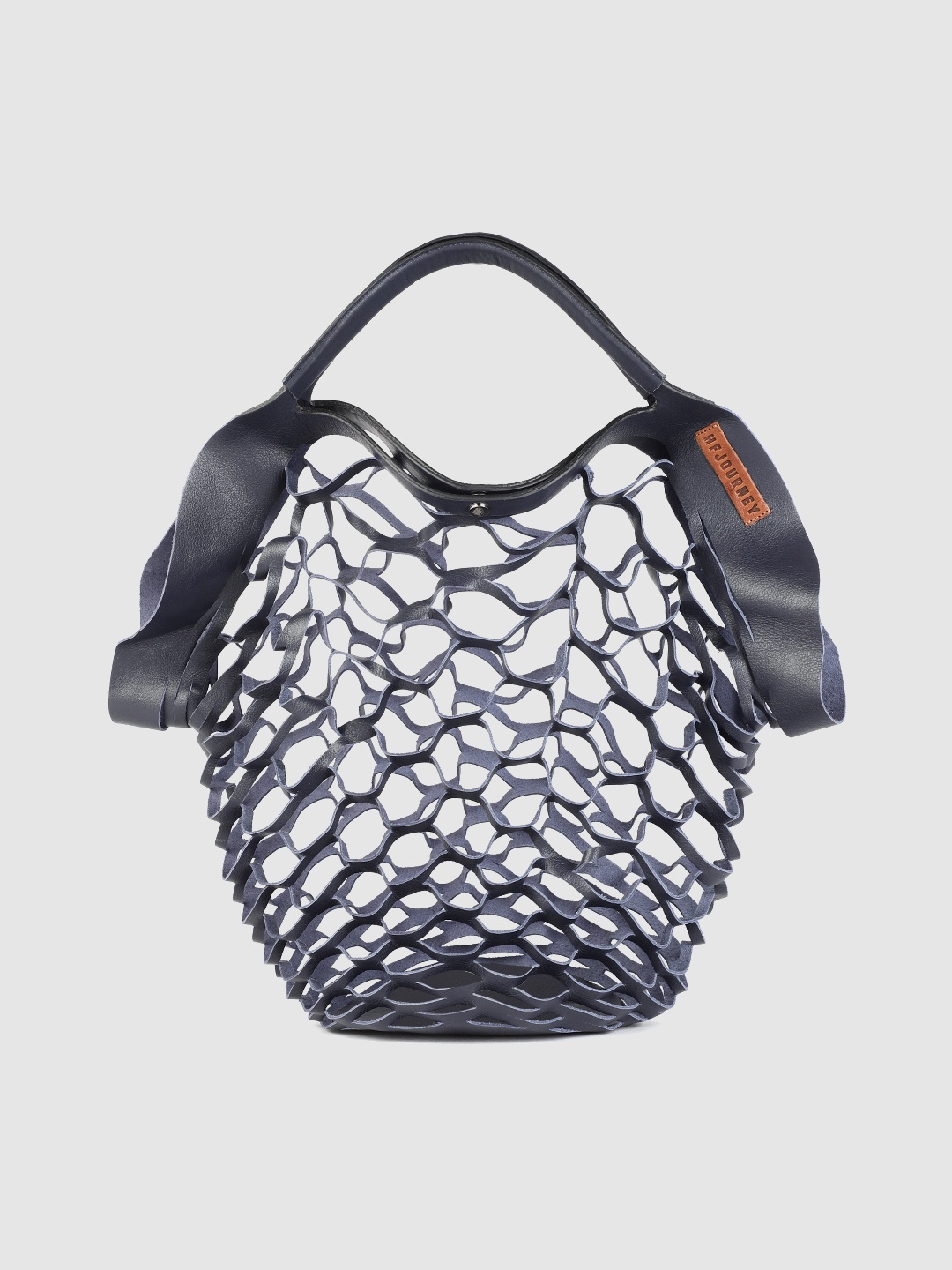 

HF JOURNEY Black Geometric Leather Bucket Shoulder Bag with Cut Work