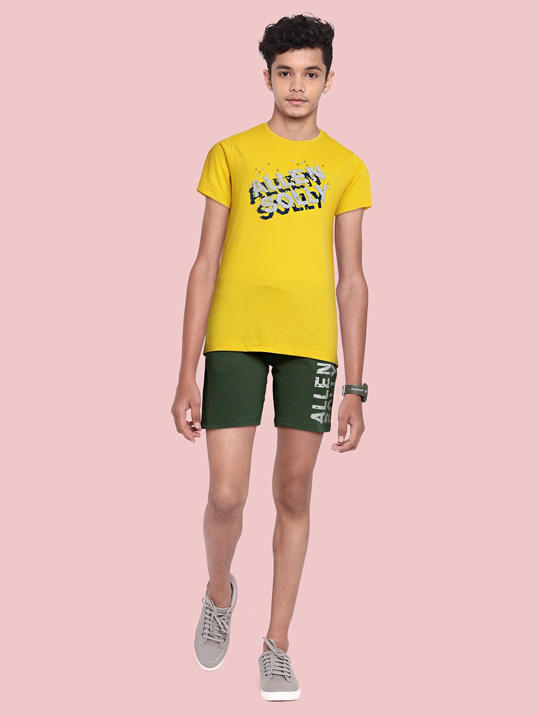 

Allen Solly Junior Boys Yellow & Olive Green Printed T-shirt with Shorts