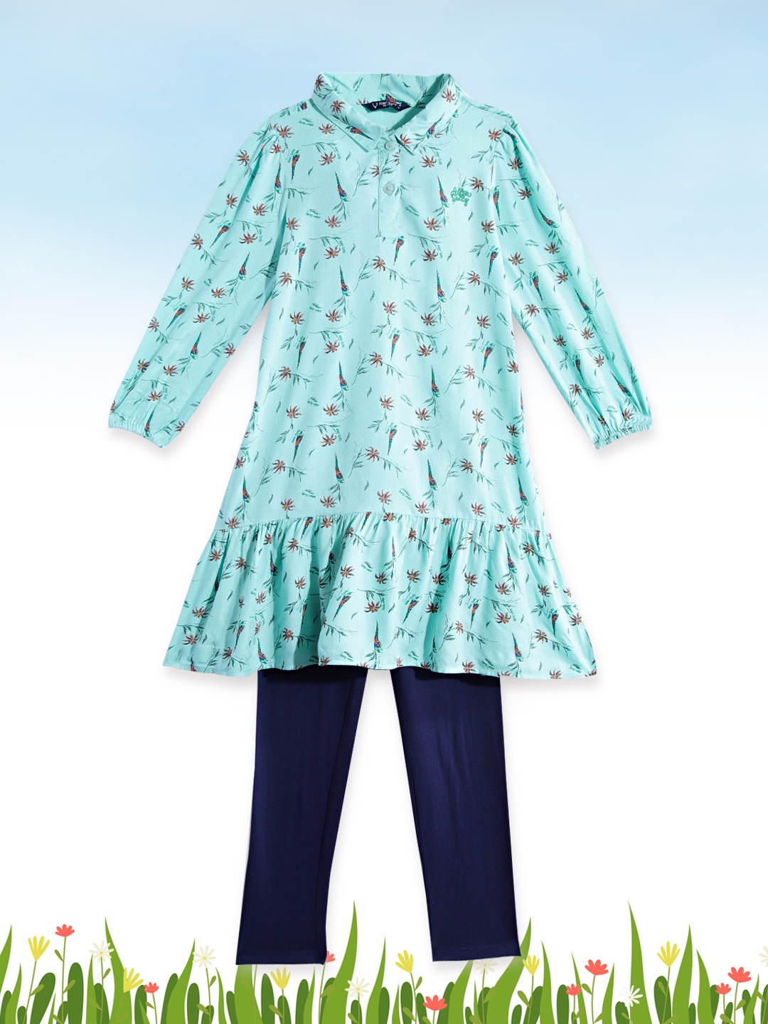 Allen Solly Junior Girls Green & Navy Blue Floral Print A-Line Dress with Leggings