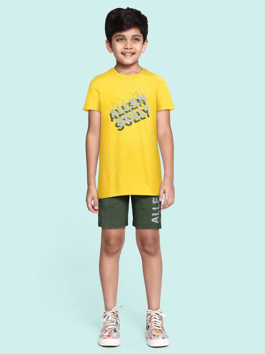 

Allen Solly Junior Boys Yellow & Olive Green Printed T-shirt with Shorts