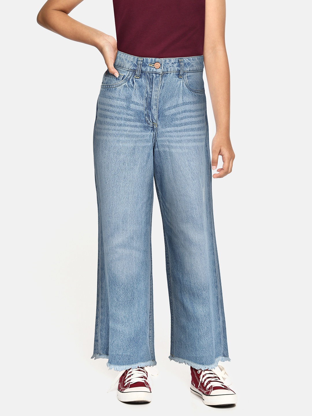 

Allen Solly Junior Girls Blue Wide Leg Mildly Distressed Jeans