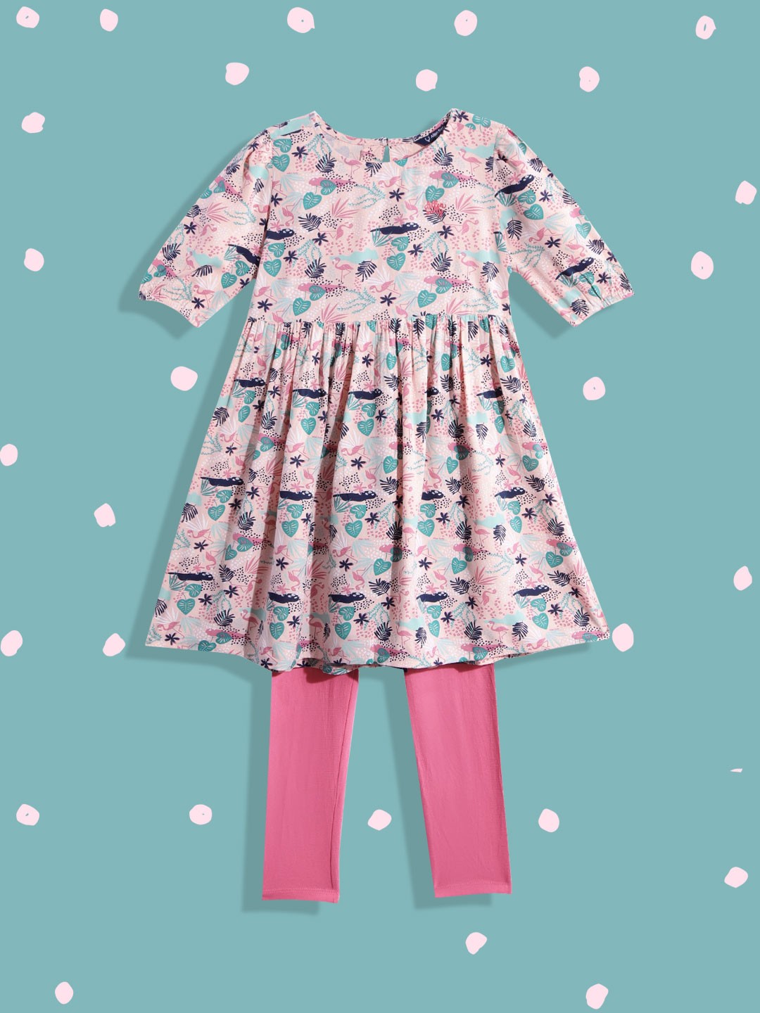 

Allen Solly Junior Peach-Coloured & Pink Floral Print Fit & Flare Dress with Leggings