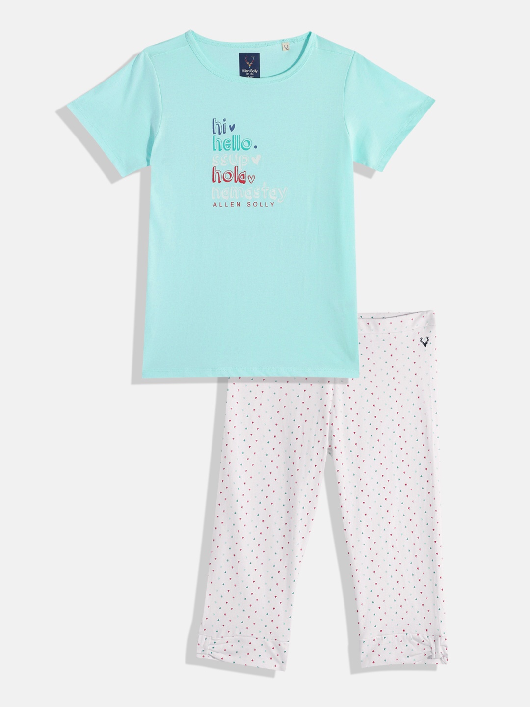 

Allen Solly Junior Girls Printed Knitted Pure Cotton T-shirt with Leggings, Sea green