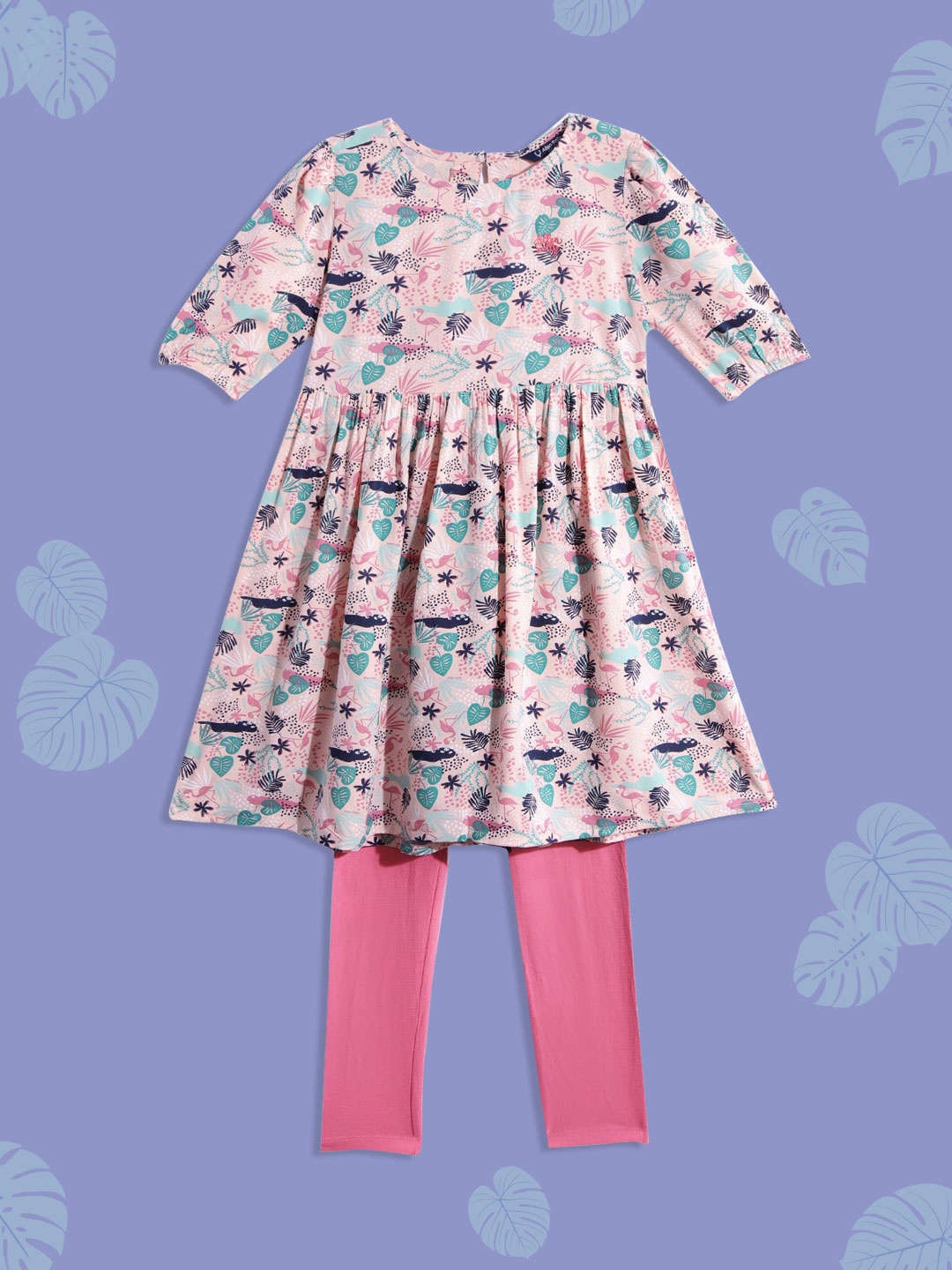 

Allen Solly Junior Peach-Coloured & Pink Floral Print Fit & Flare Dress with Leggings