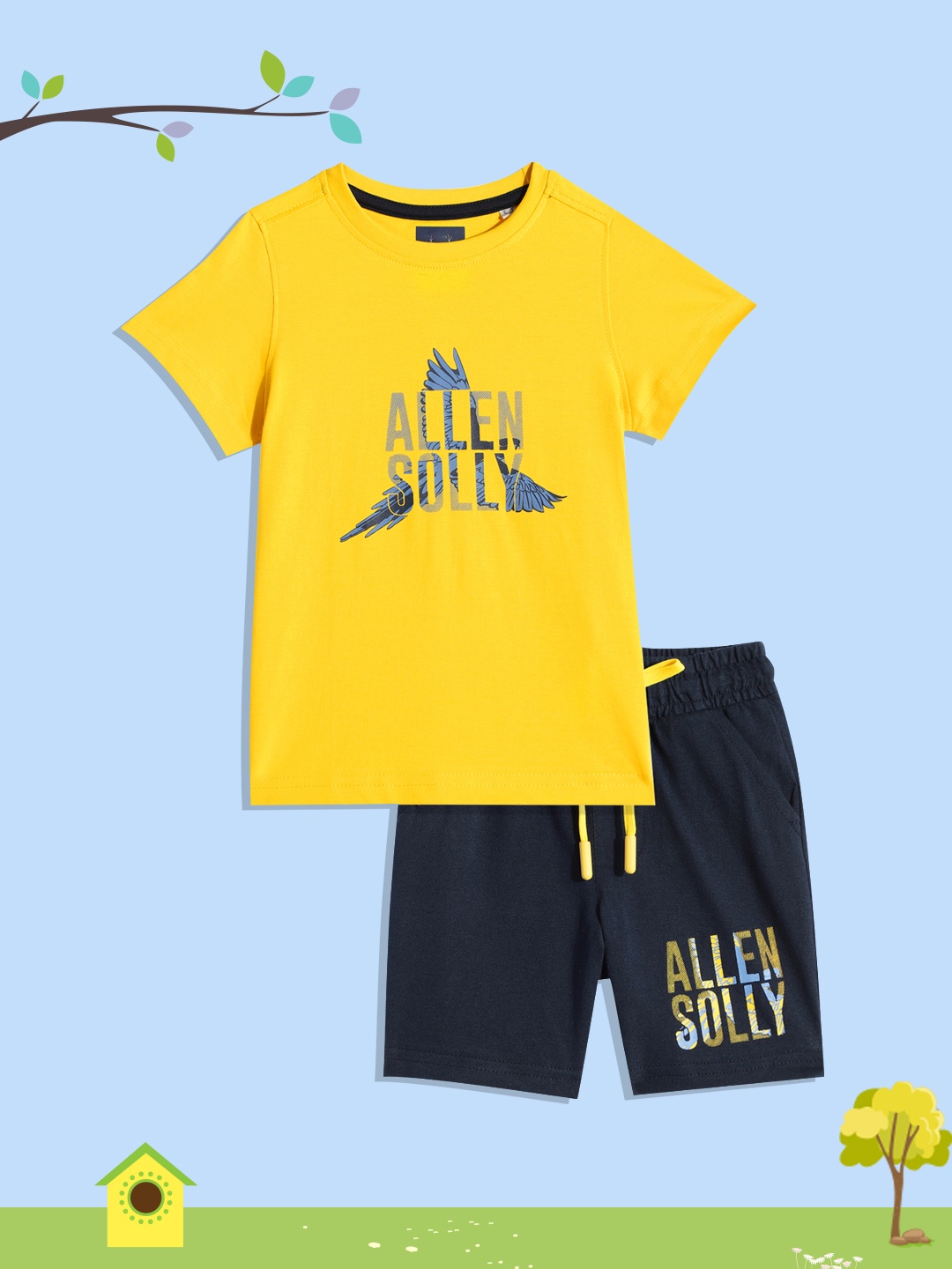 

Allen Solly Junior Boys Yellow & Navy Blue Pure Cotton T-shirt with Shorts