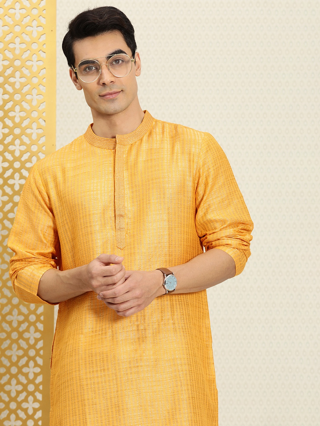 

House of Pataudi Men Bright Yellow Striped Embroidered Thread Work Rozana Kurta