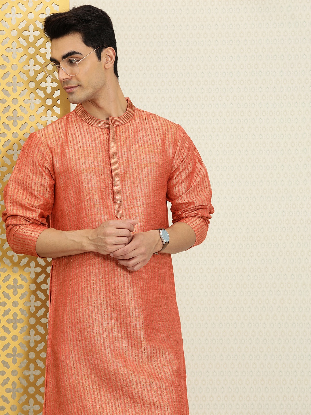 

House of Pataudi Men Orange Striped Embroidered Thread Work Rozana Kurta
