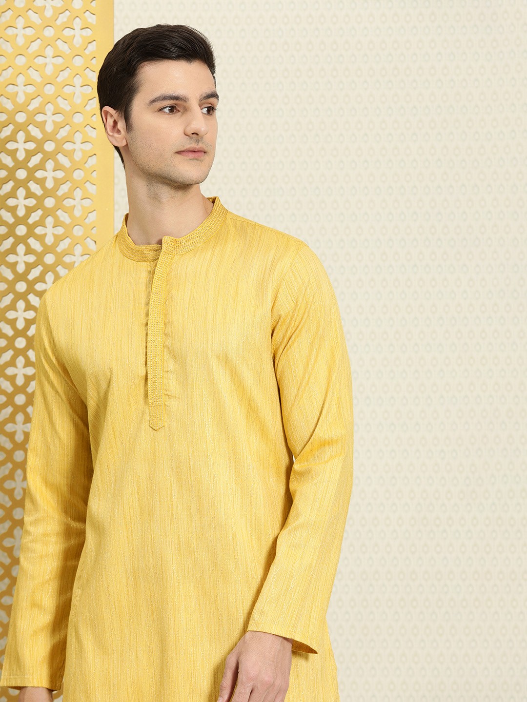 

House of Pataudi Men Yellow Woven Design Thread Work Ethnic Kurta