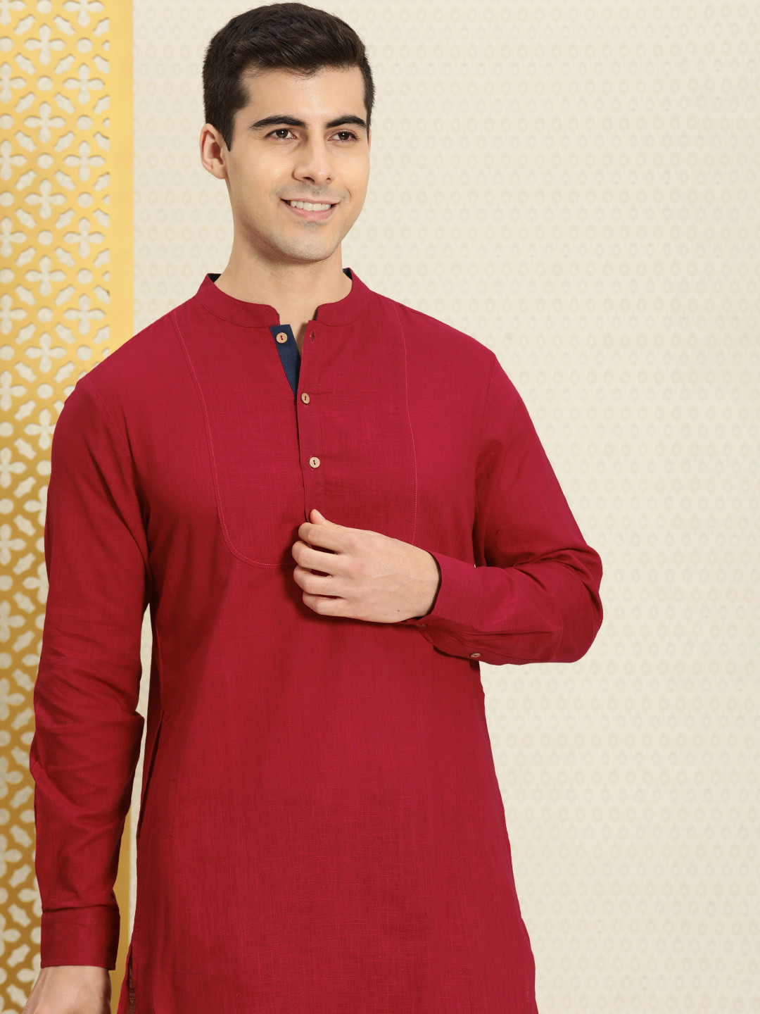 

House of Pataudi Men Red Solid Rozana Straight Pure Cotton Kurta