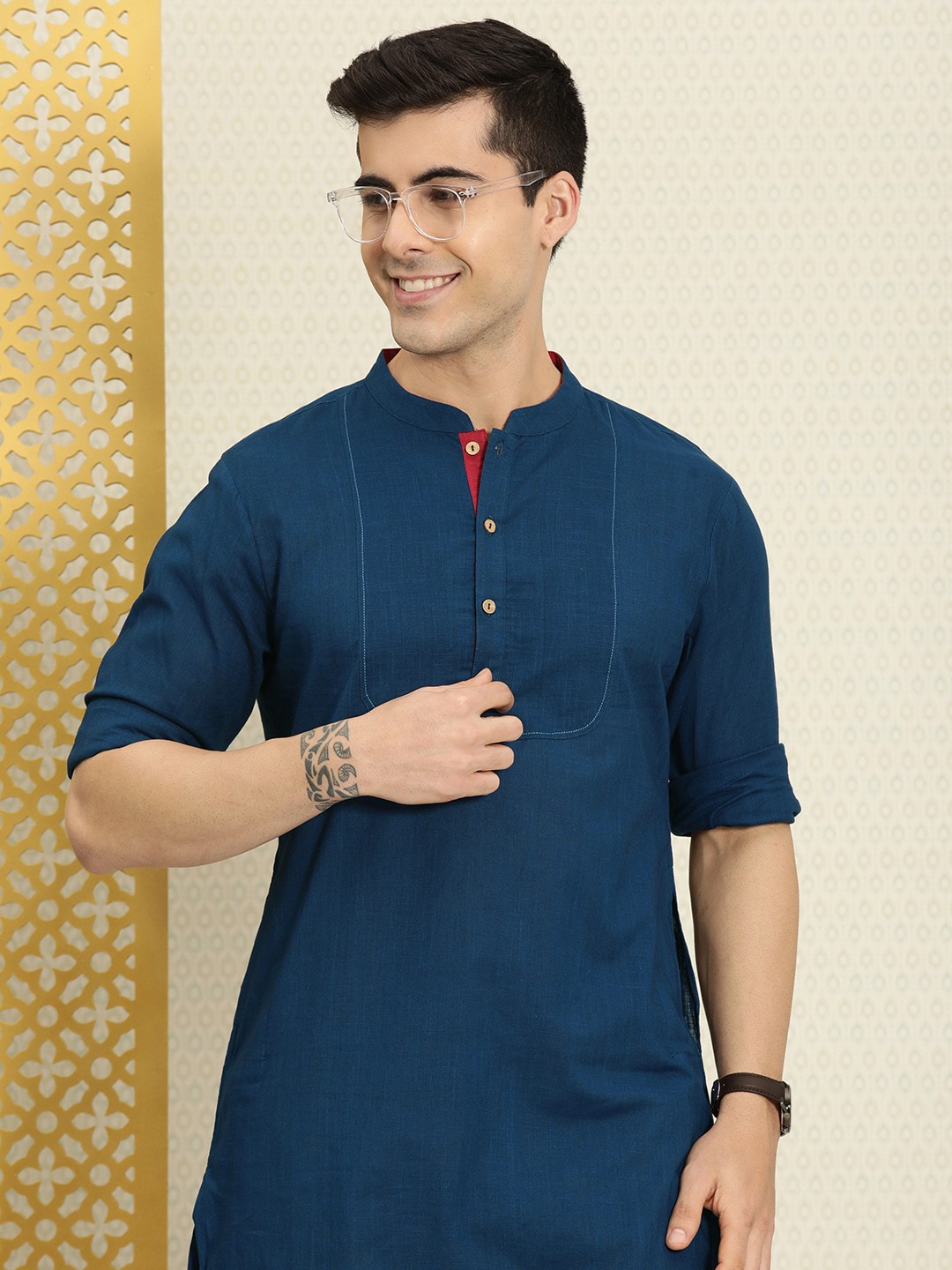 

House of Pataudi Men Navy Blue Solid Rozana Straight Kurta