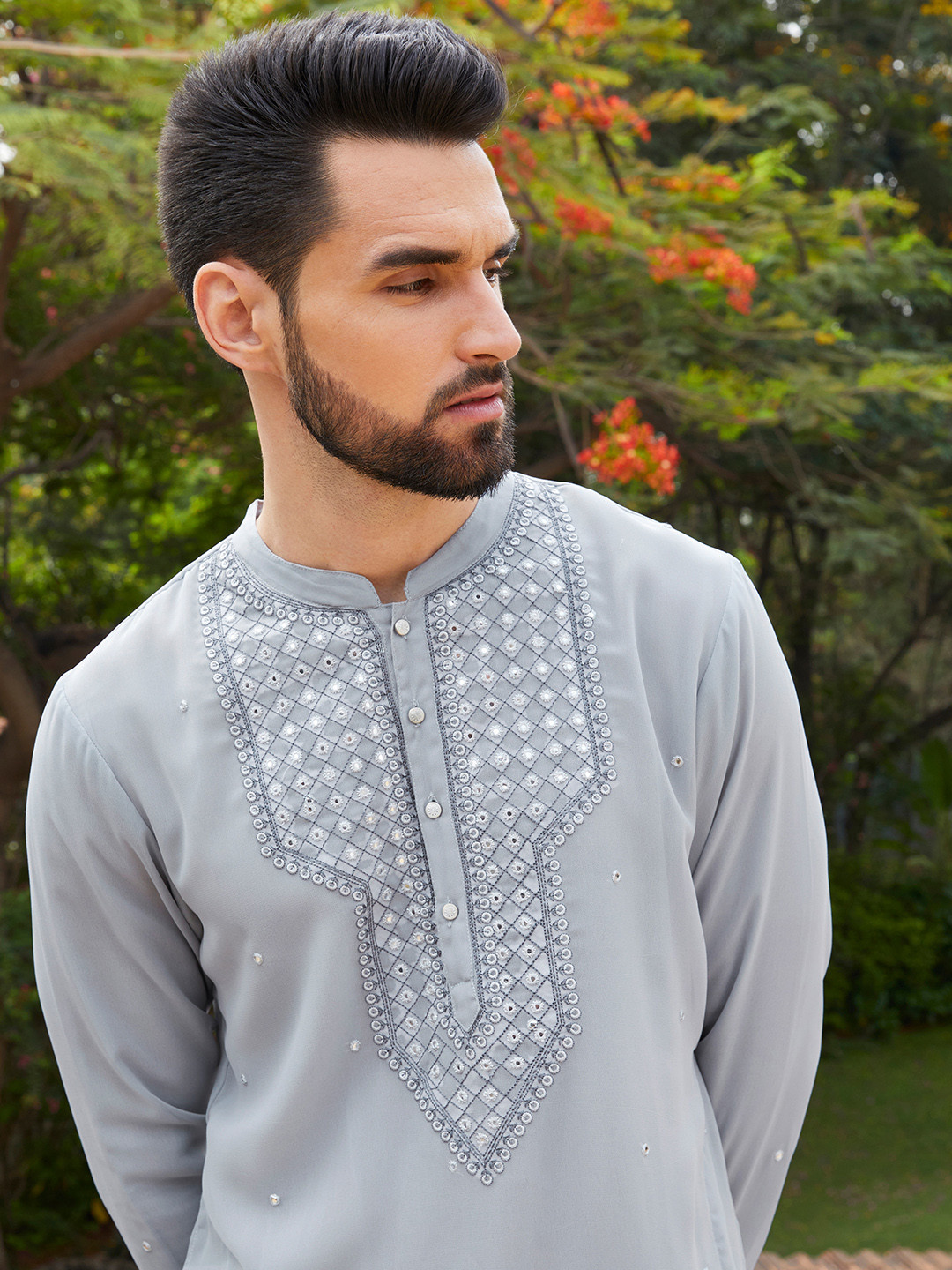 

House of Pataudi Men Grey Embroidered Mirror Work Jashn Kurta