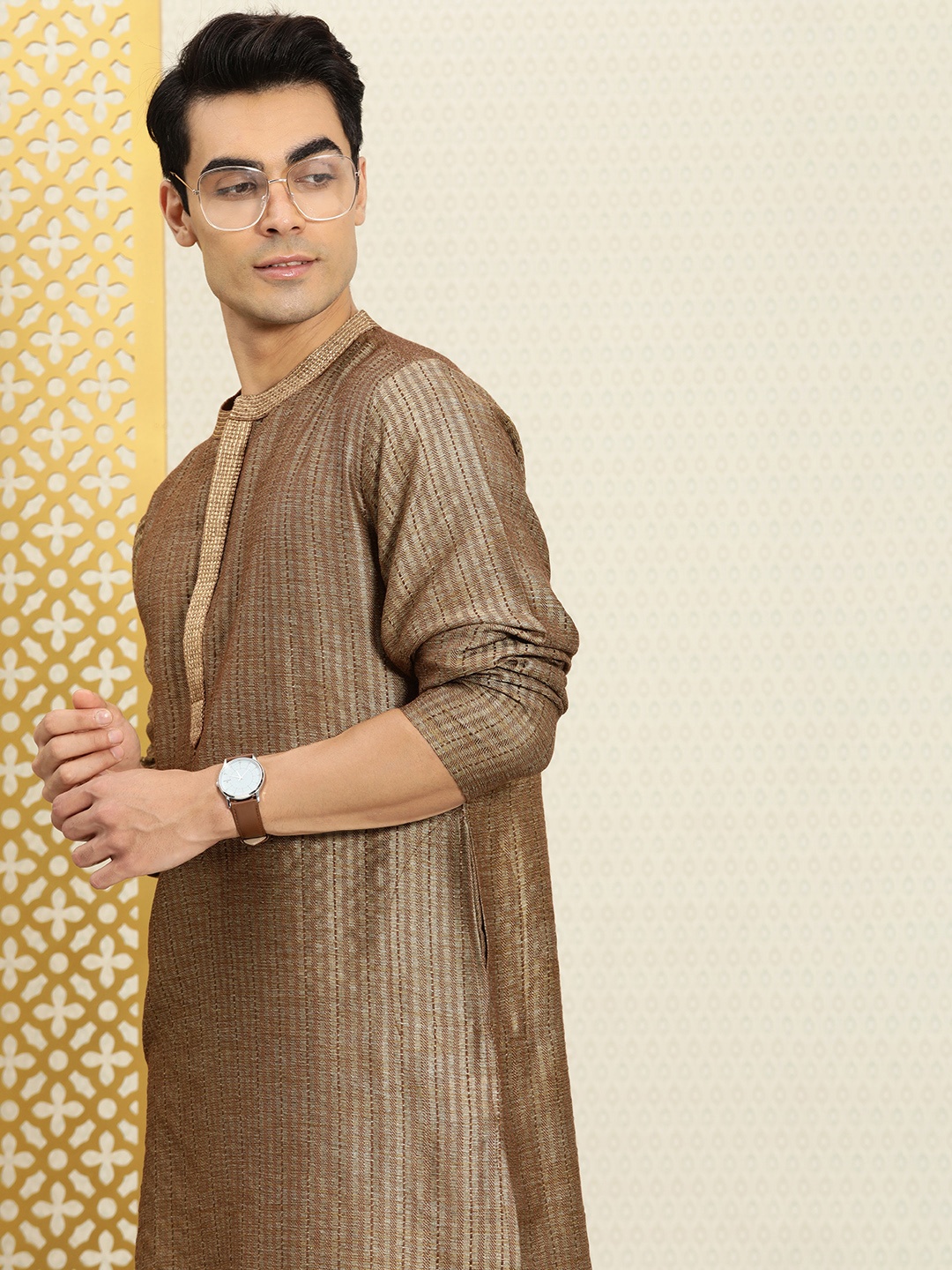 

House of Pataudi Men Brown Striped Embroidered Thread Work Rozana Kurta