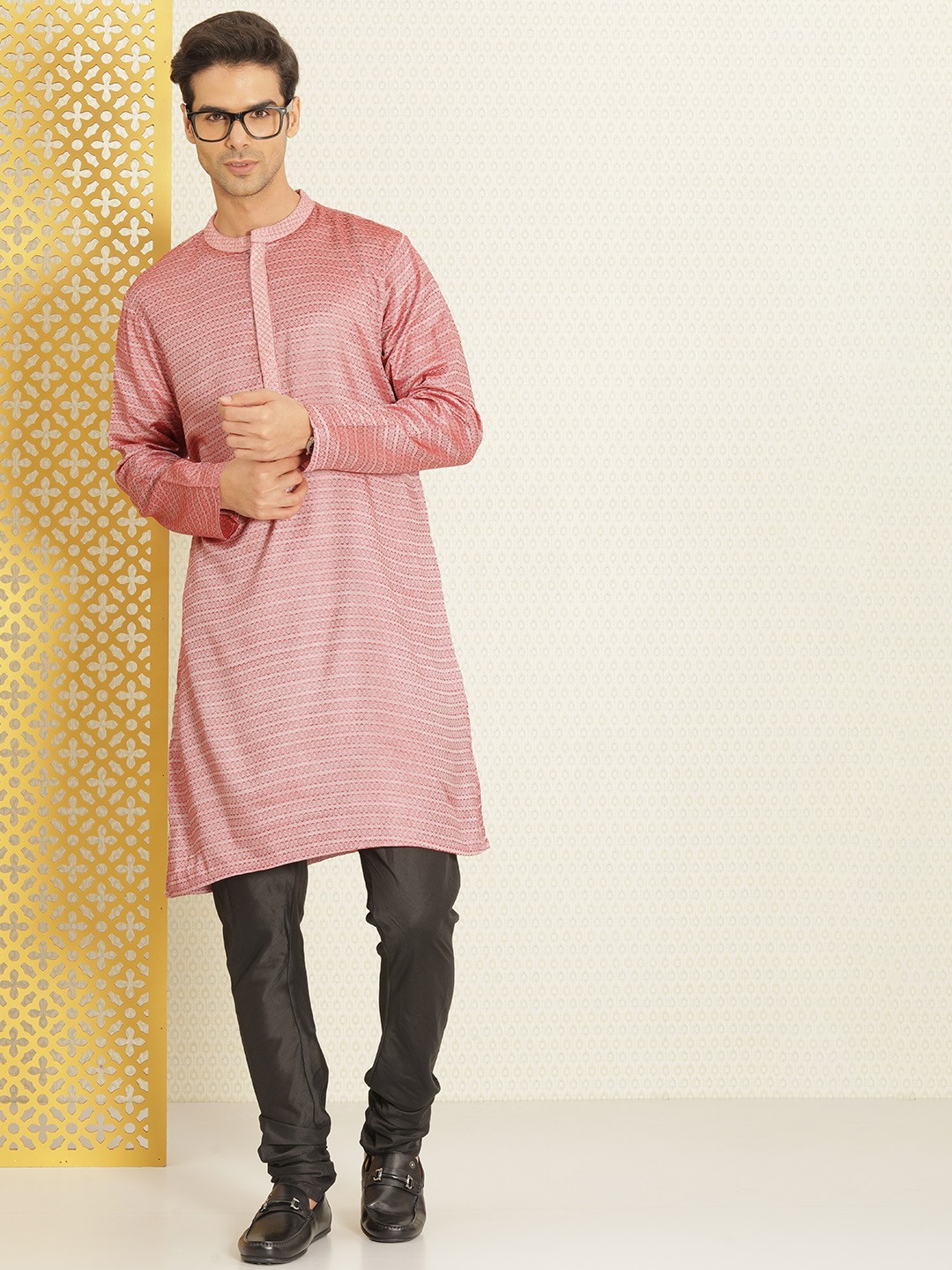 

House of Pataudi Men Maroon Woven Design Rozana Kurta