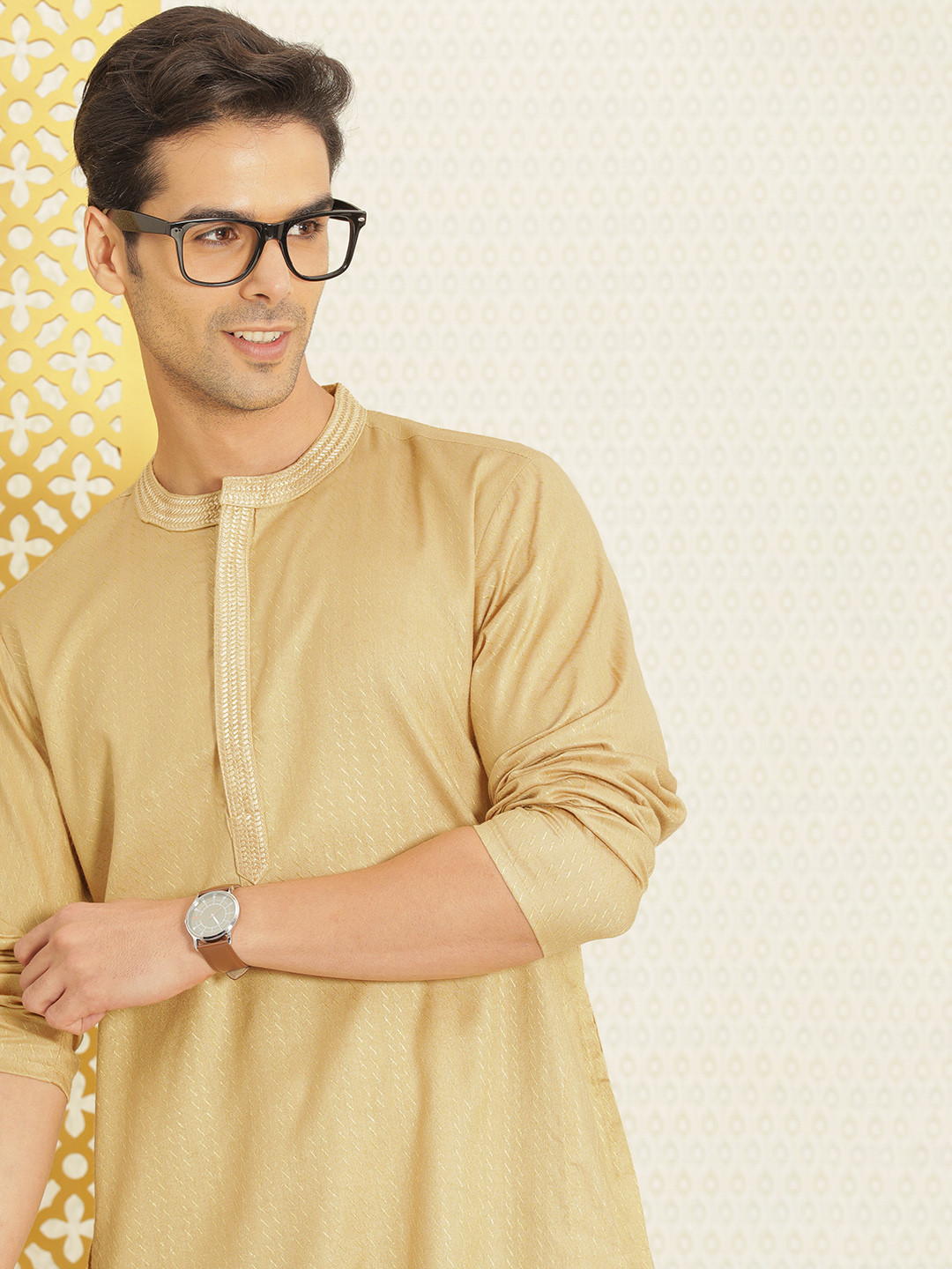 

House of Pataudi Men Gold-Toned Woven Design Rozana Kurta