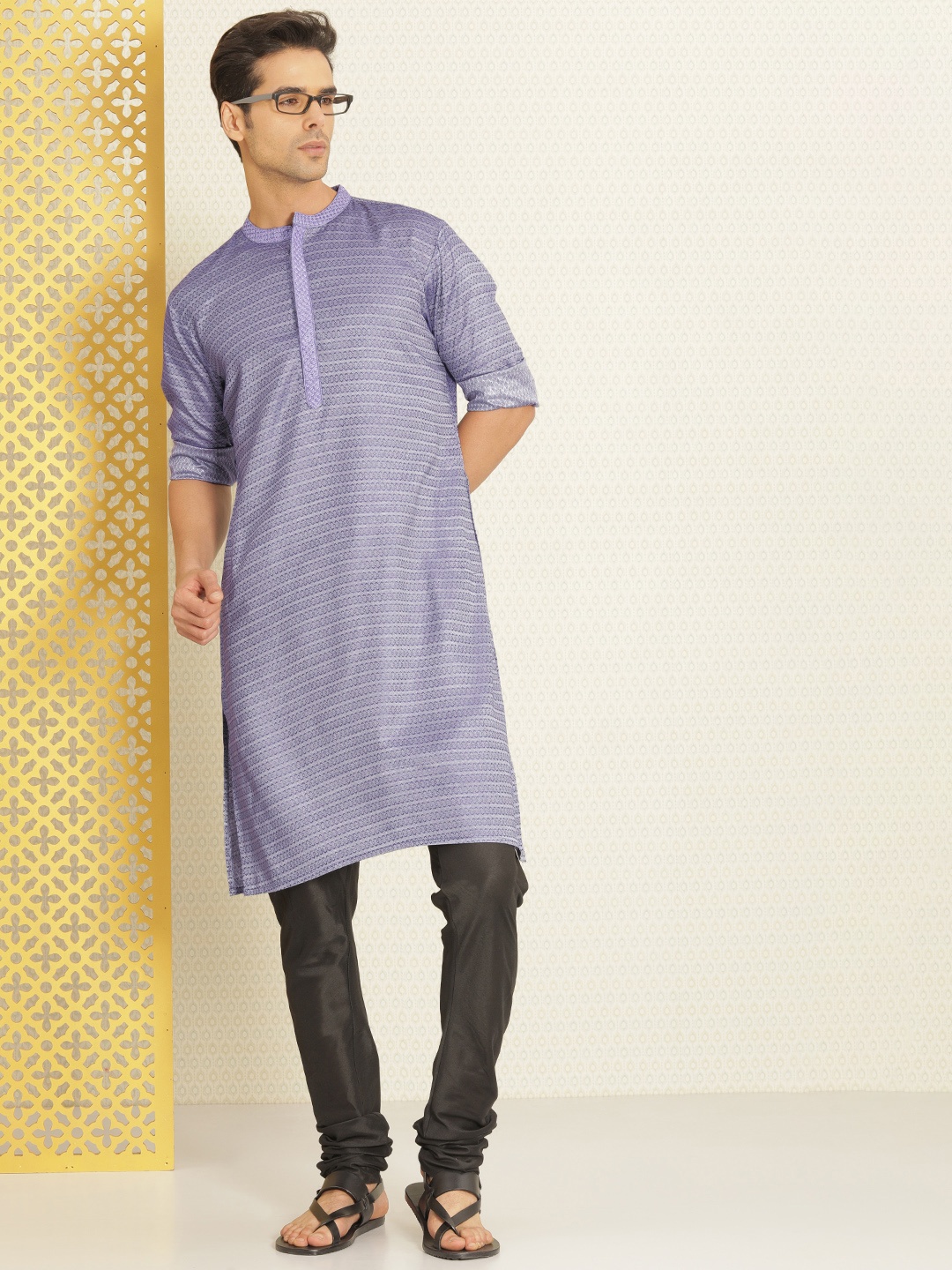 

House of Pataudi Men Blue Woven Design Rozana Kurta
