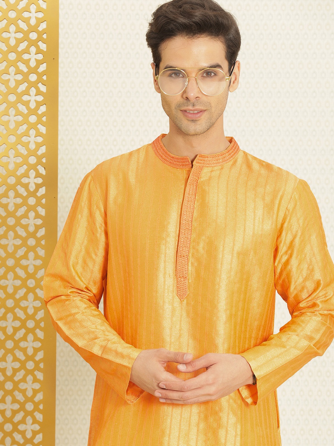

House of Pataudi Men Yellow & Orange Striped Rozana Kurta