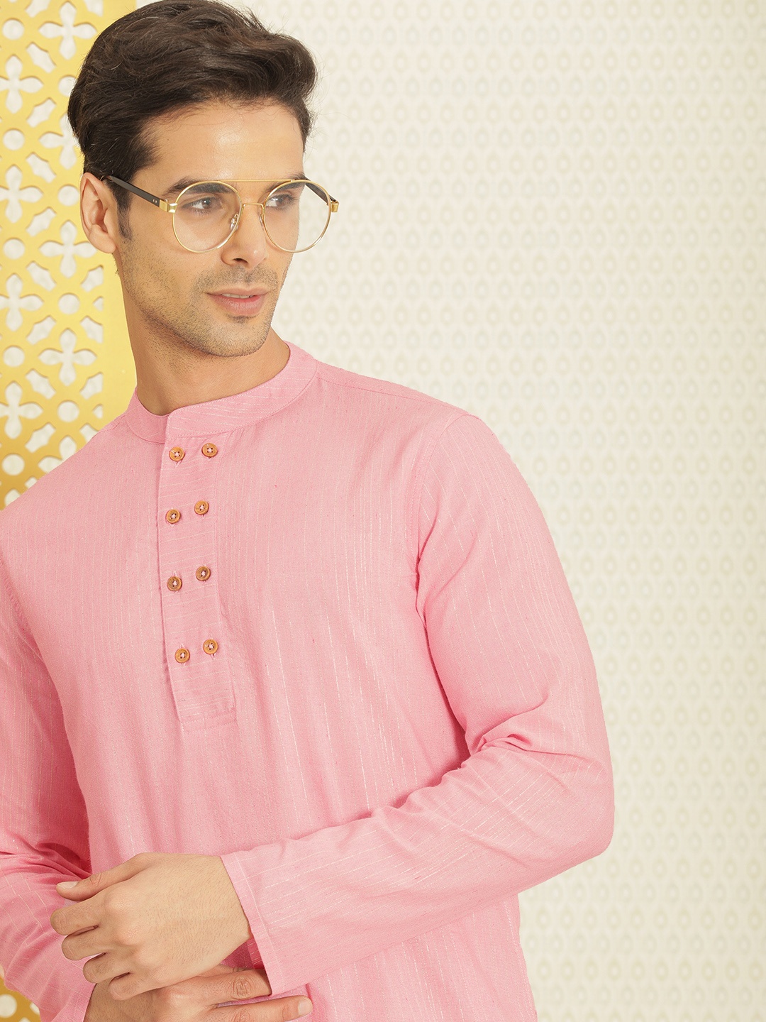 

House of Pataudi Men Pink & Gold-Toned Zari Striped Rozana Kurta