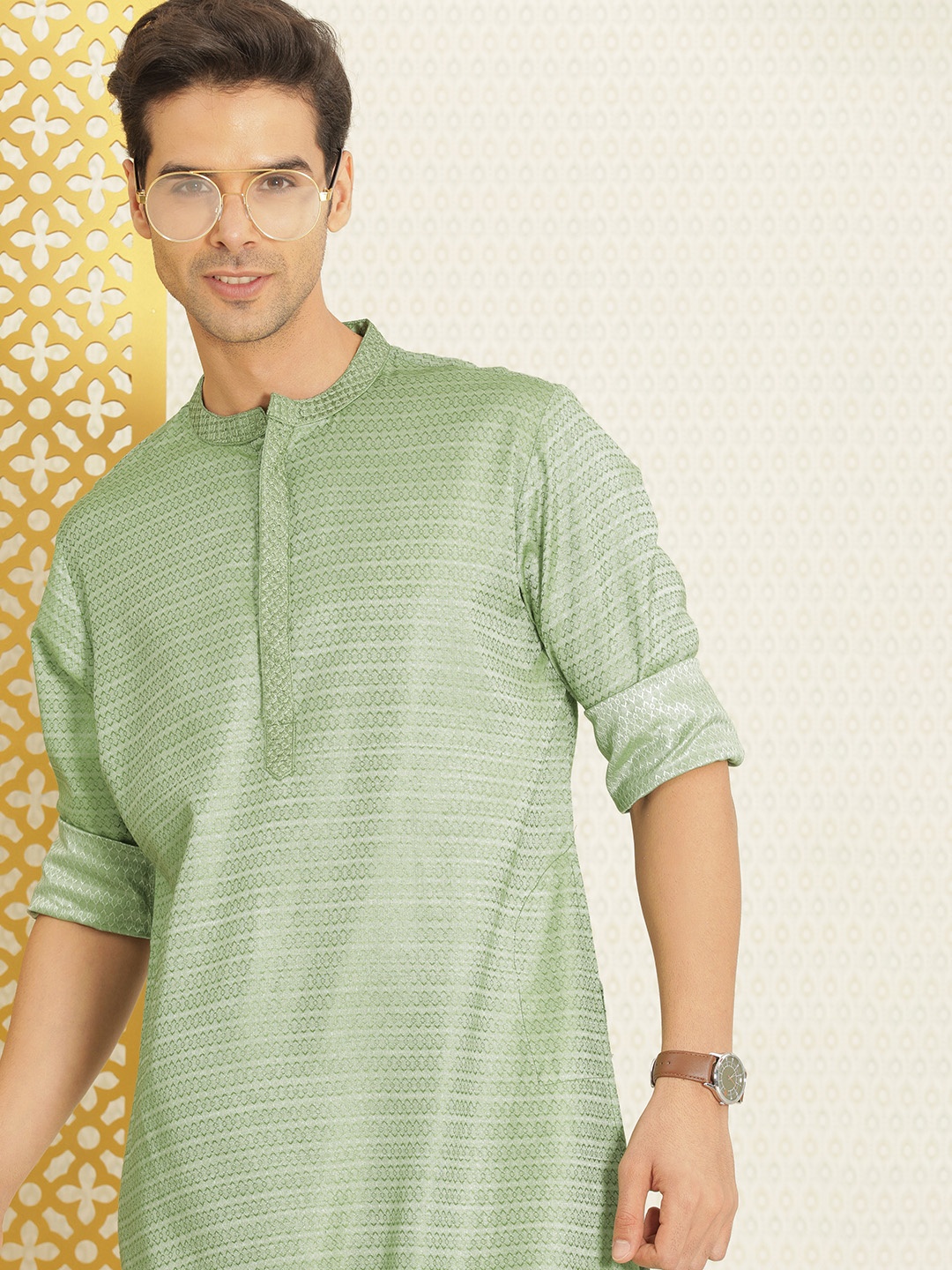 

House of Pataudi Men Green Woven Design Rozana Kurta