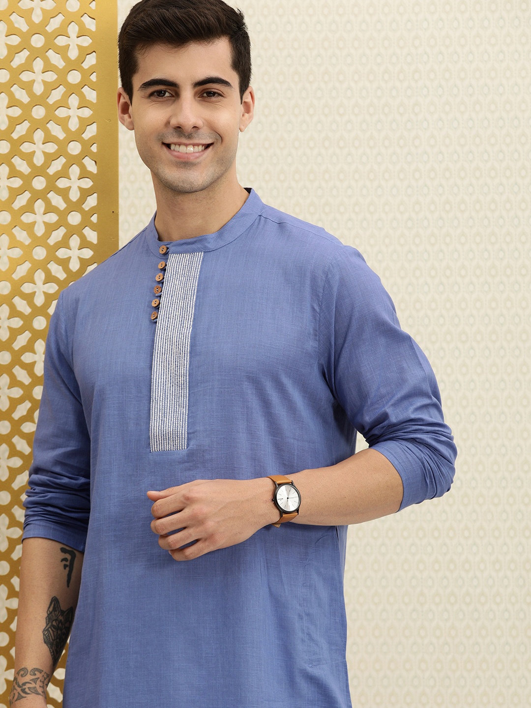 

House of Pataudi Men Blue Solid Indigo Ethnic Kurta