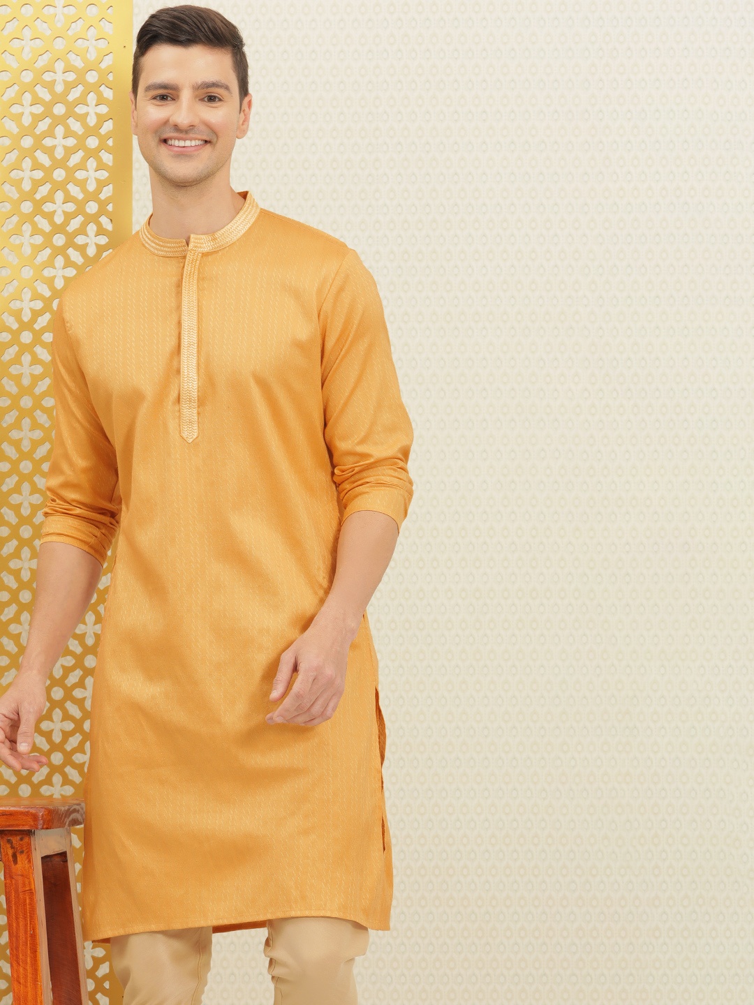 

House of Pataudi Men Mustard Yellow Ethnic Motifs Printed regular Kurta