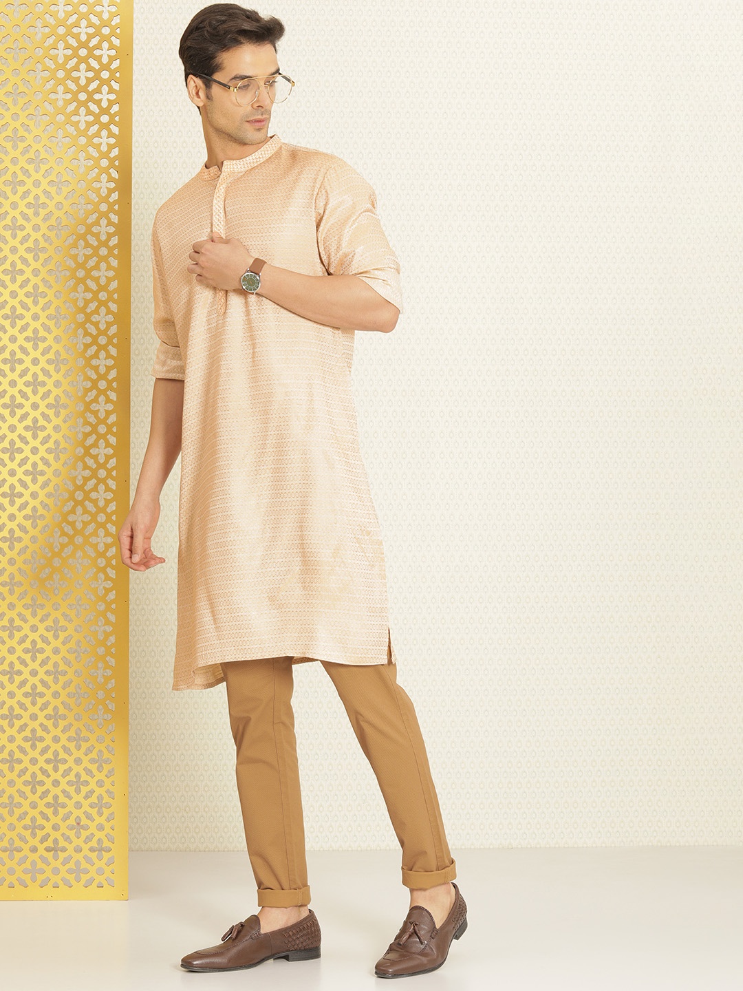 

House of Pataudi Men Beige Woven Design Rozana Kurta