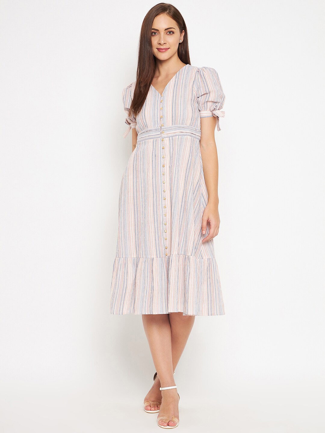 

Madame Beige & Blue Striped Midi Pure Cotton Dress