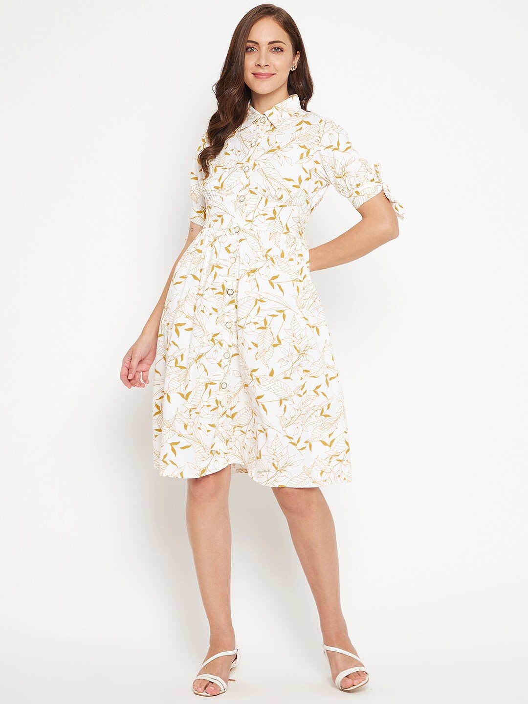 

Madame Women Off White & Green Floral Cotton Shirt Dress