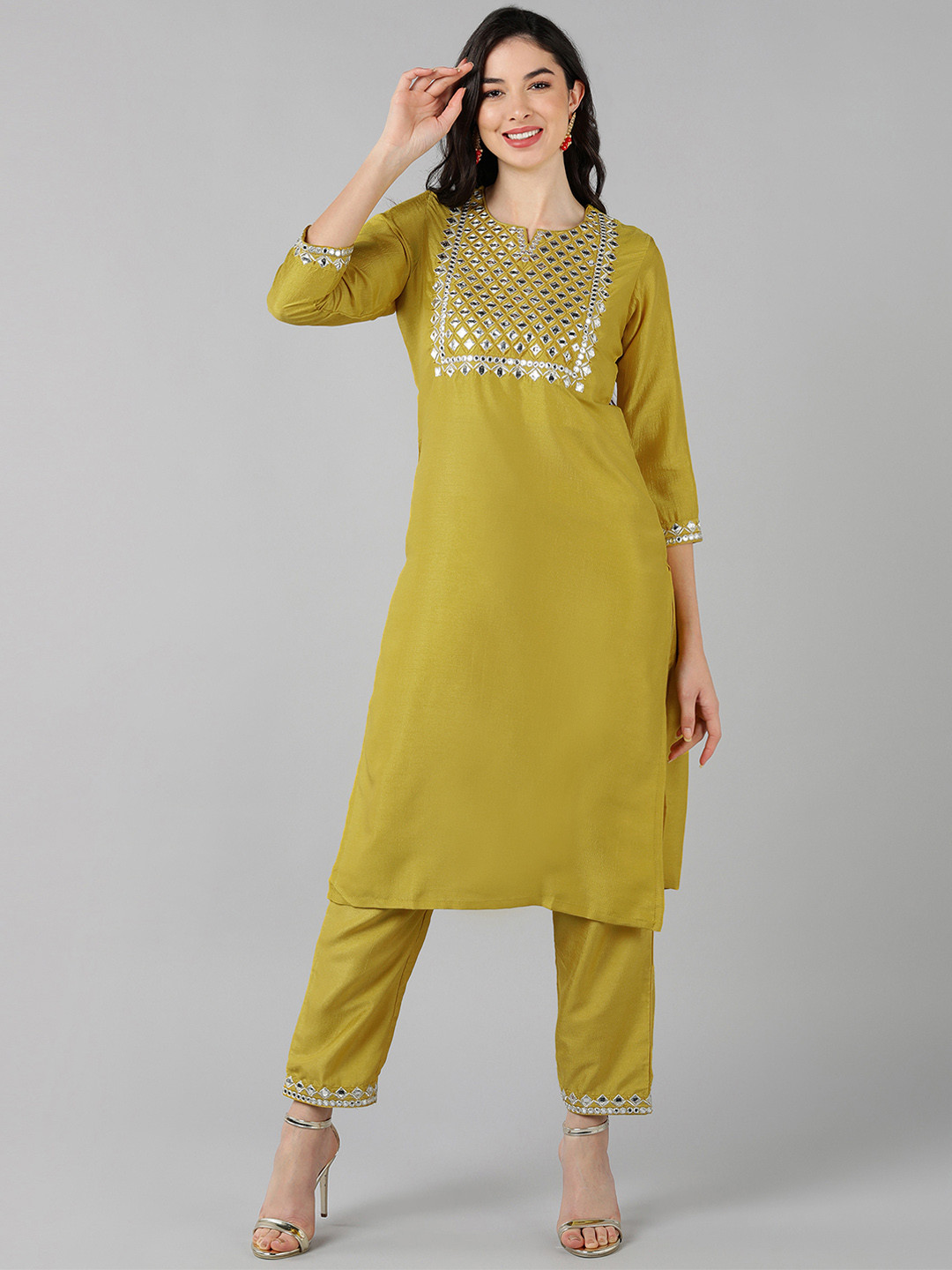 

AHIKA Women Mustard Yellow Yoke Design Kurta with Trousers