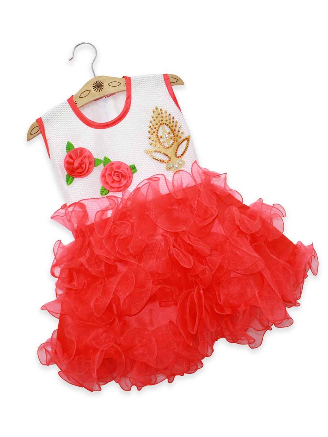 

Born Babies Girls Red Embellished Ruffled Fit & Flare Cotton Dress