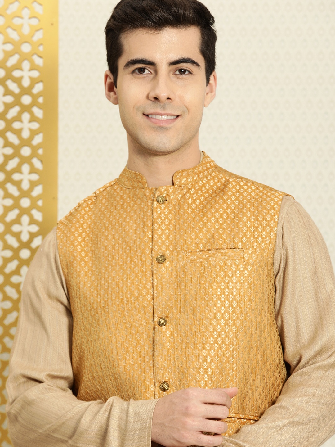 

House of Pataudi Men Mustard Yellow & Gold-Toned Ethnic Motifs Woven Nehru Jacket