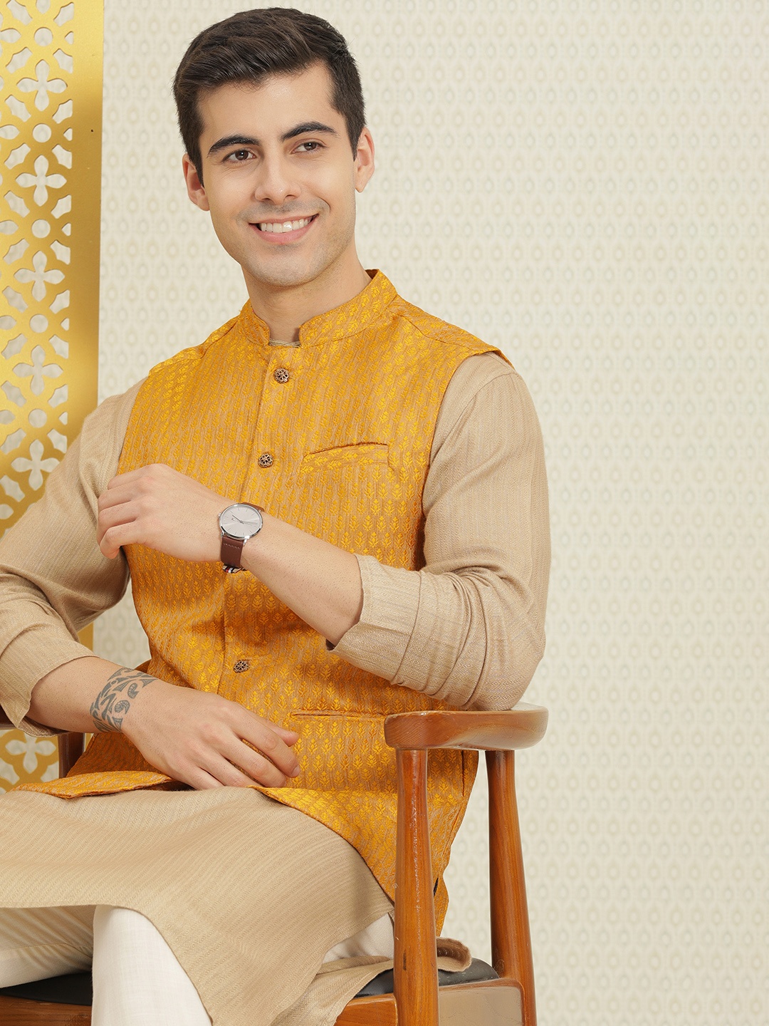 

House of Pataudi Men Mustard Woven Design Jashn Nehru Jacket