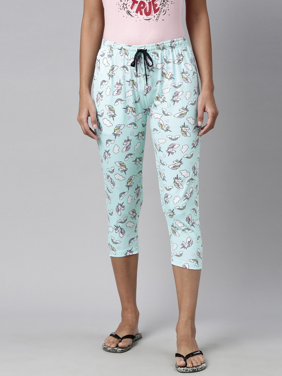 

Kryptic Women Turquoise Blue & Pink Printed Lounge Capri