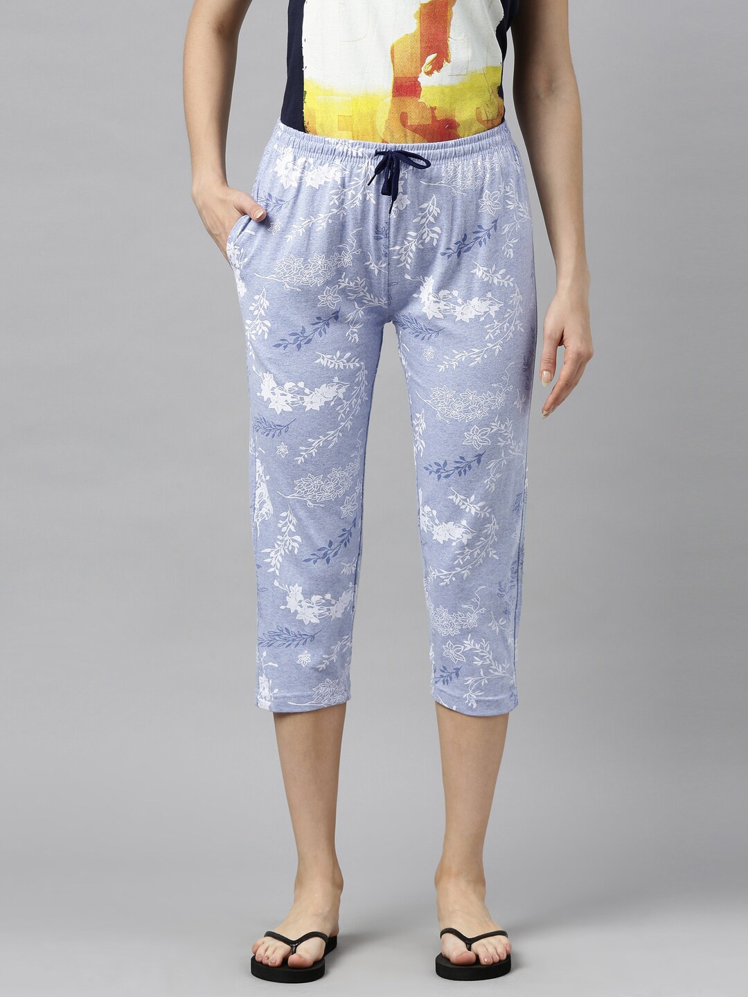 

Kryptic Women Blue & White Printed Cotton Capris