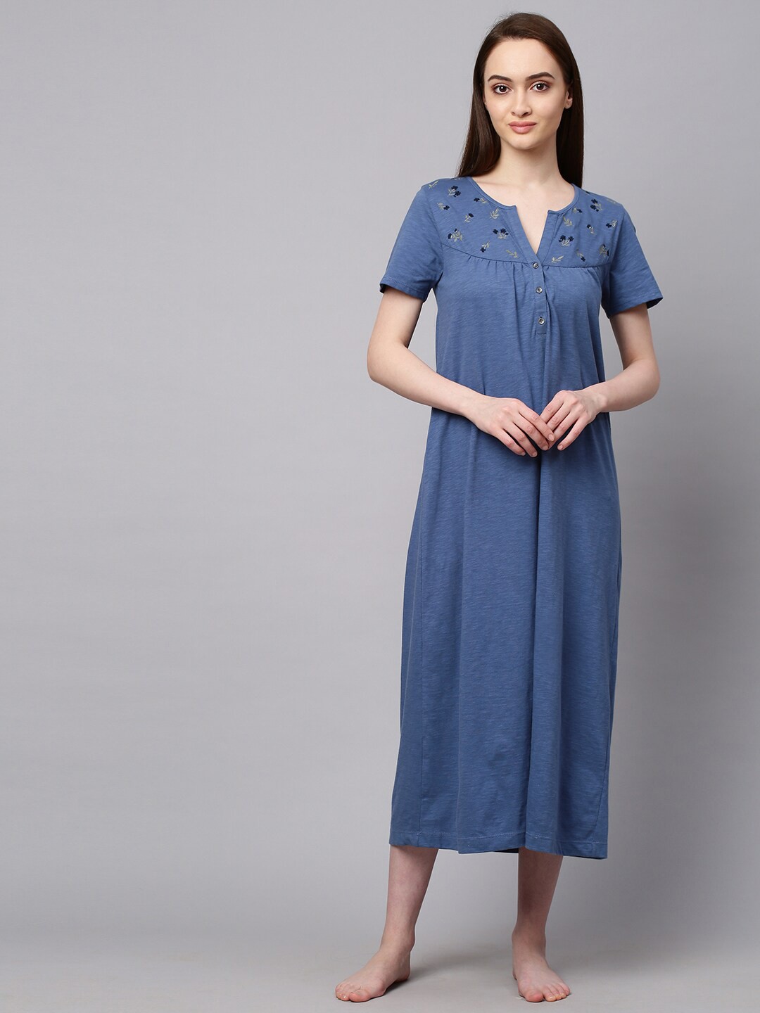 

Chemistry Blue Embroidered Pure Cotton Maxi Nightdress