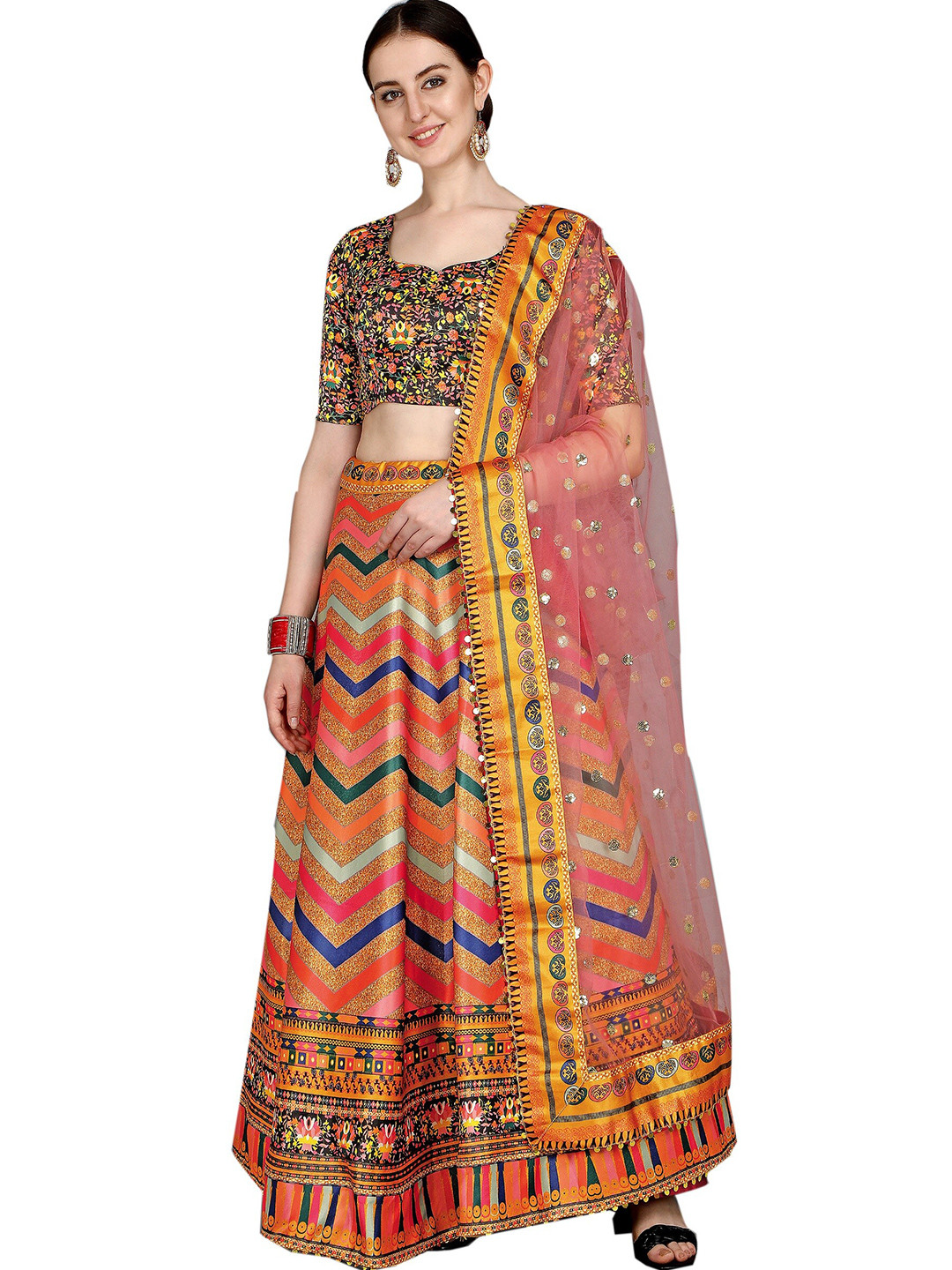 

Fashion Basket Orange & Black Printed Semi-Stitched Lehenga & Unstitched Blouse With Dupatta