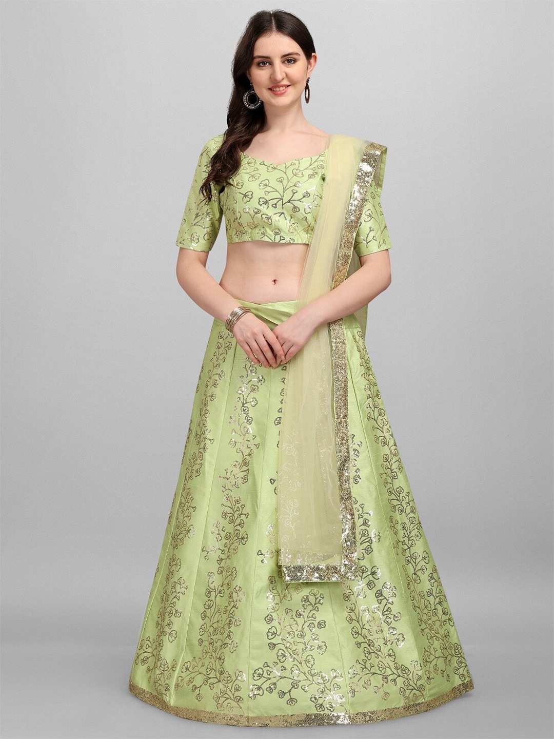 

Fashion Basket Green Embellished Sequinned Semi-Stitched Lehenga & Unstitched Choli Set