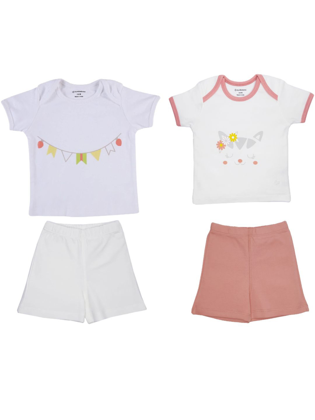 

My Milestones Girls Set Of 2 White & Peach Printed Pure Cotton T-shirt with Shorts