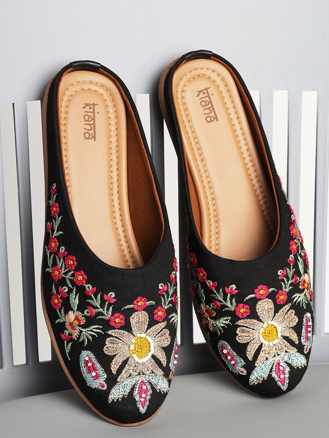 

Kiana House Of Fashion Women Black Floral Embroidered Mules Flats