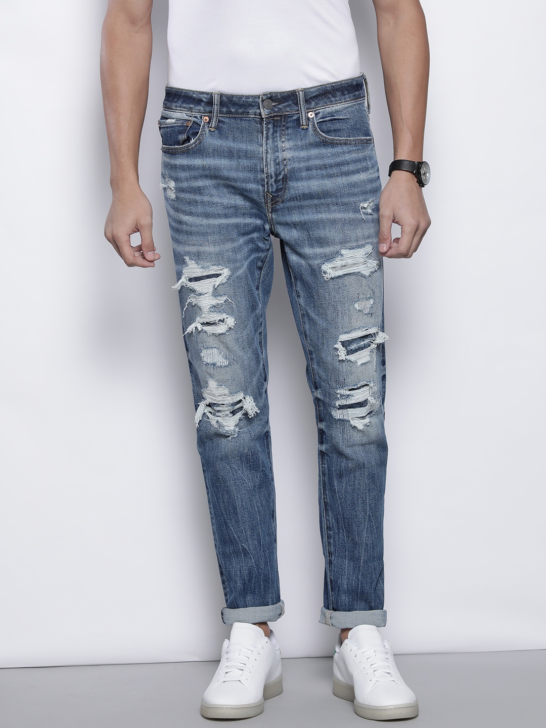 

AMERICAN EAGLE OUTFITTERS Men Blue Skinny Fit Ripped Heavy Fade Stretchable Jeans