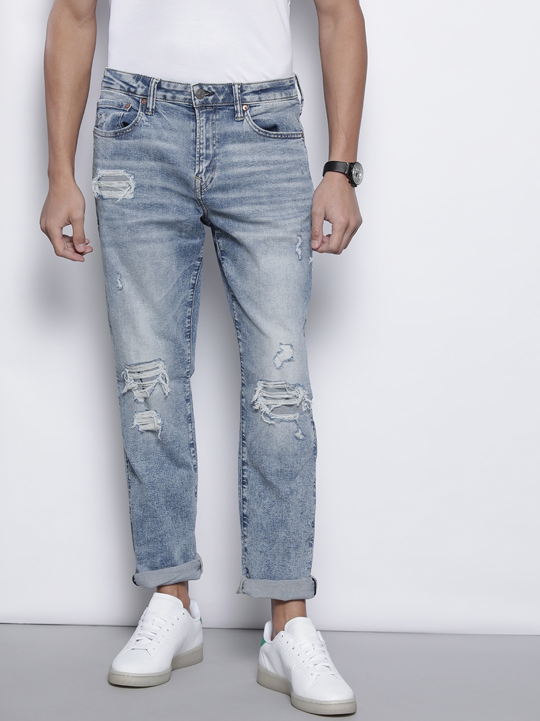 

AMERICAN EAGLE OUTFITTERS Men Blue Skinny Fit Ripped Heavy Fade Stretchable Jeans