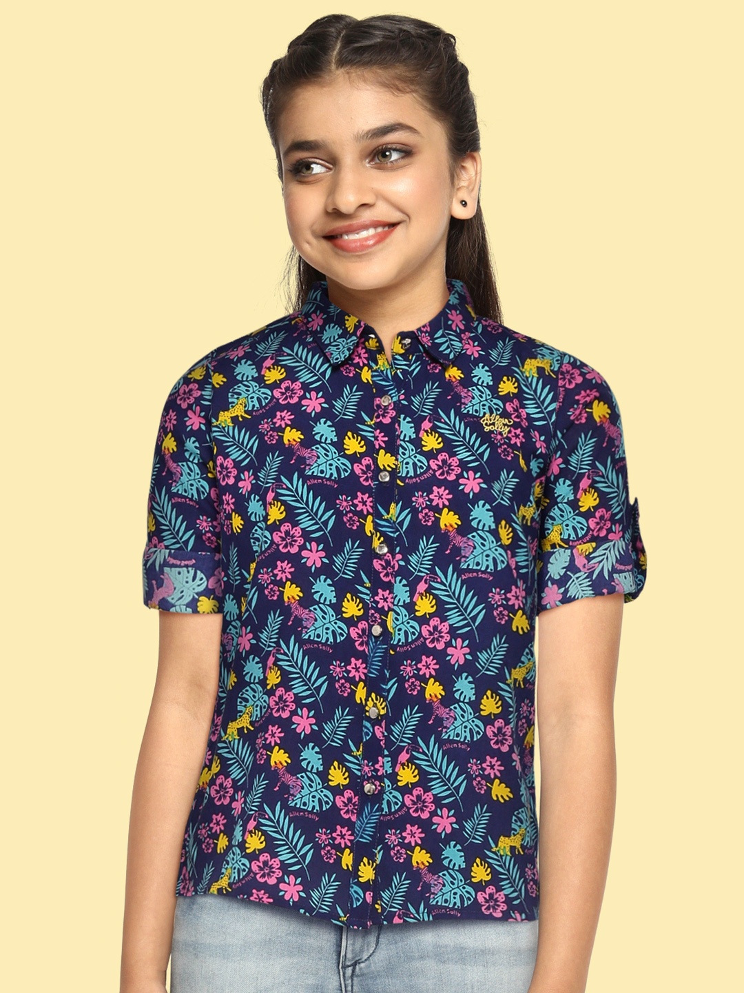 Allen Solly Junior Girls Navy Blue & Pink Floral Print Liva Casual Shirt
